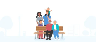 Illustration of a family and an elderly couple enjoying the day